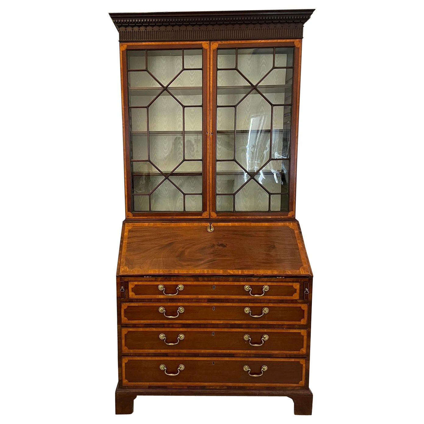 Outstanding Quality Antique George III Mahogany Inlaid Bureau Bookcase