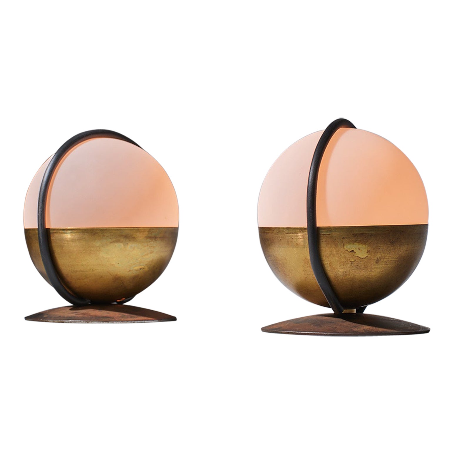 1950s Pair of Italian Table Lamp with Opaline Glass and Brass