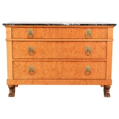Baker Furniture Neoclassical Burl Wood Marble Top Chest of Drawers