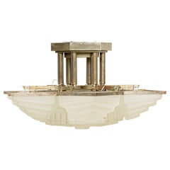 Antique French chandelier w/ 6 shades & a large centered 6-sided geometric frosted shade