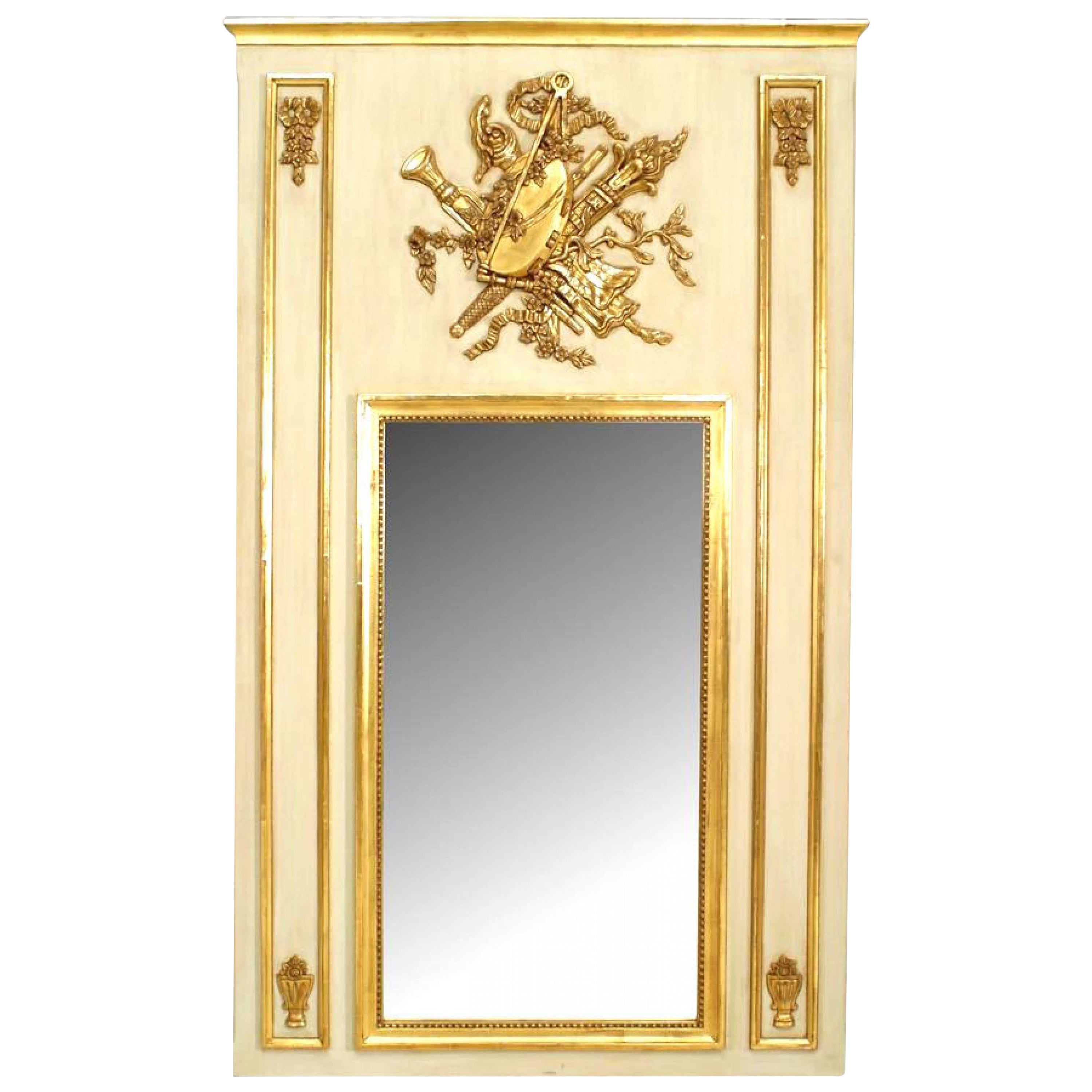 Louis XVI Style White and Gold Painted Musical Motif Trumeau / Wall Mirror