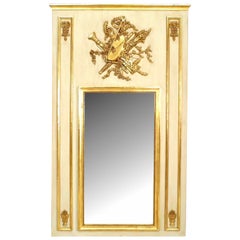 Louis XVI Style White and Gold Painted Musical Motif Trumeau / Wall Mirror