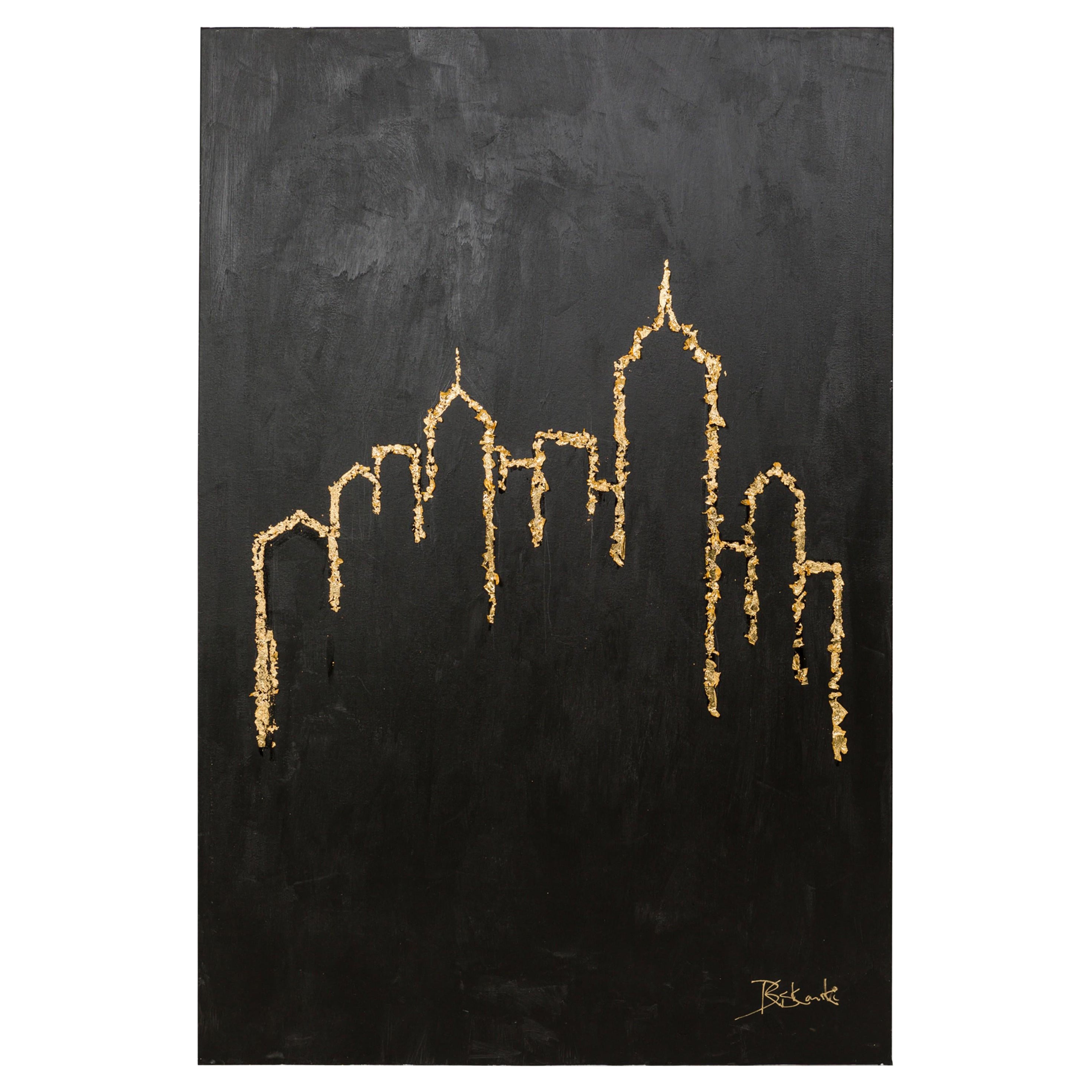 Quadro su tela con foglia d'oro e acrilico nero con skyline astratto di New York