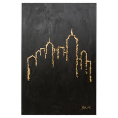 Gold Leaf & Black Acrylic Abstract New York Skyline Painting on Canvas