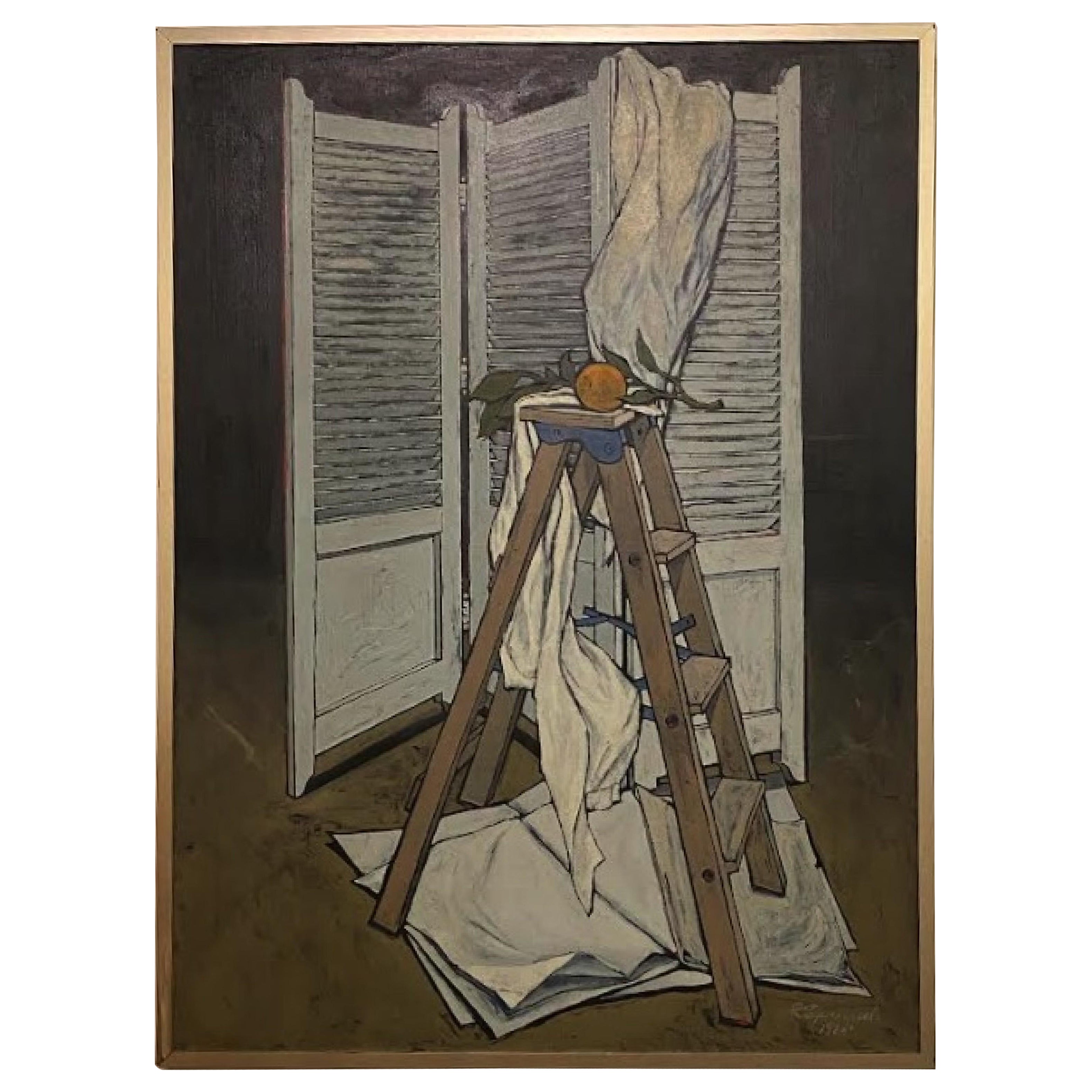 Robert Springfels Olio su tela raffigurante una scala a 3 gradini e un paravento trifold