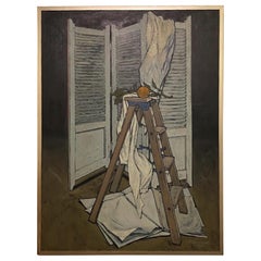 Robert Springfels Olio su tela raffigurante una scala a 3 gradini e un paravento trifold