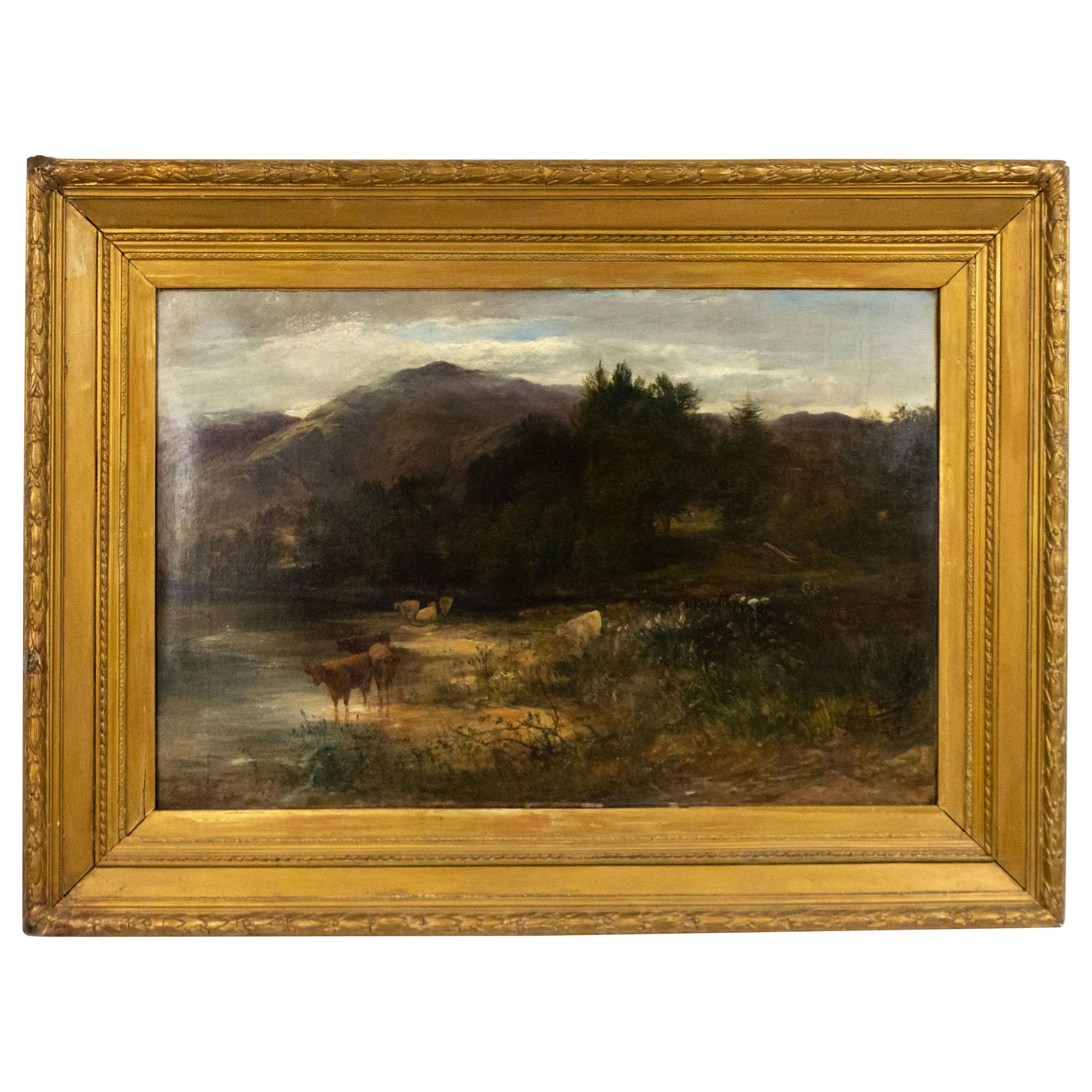 English Victorian Landscape of Cows by a Stream