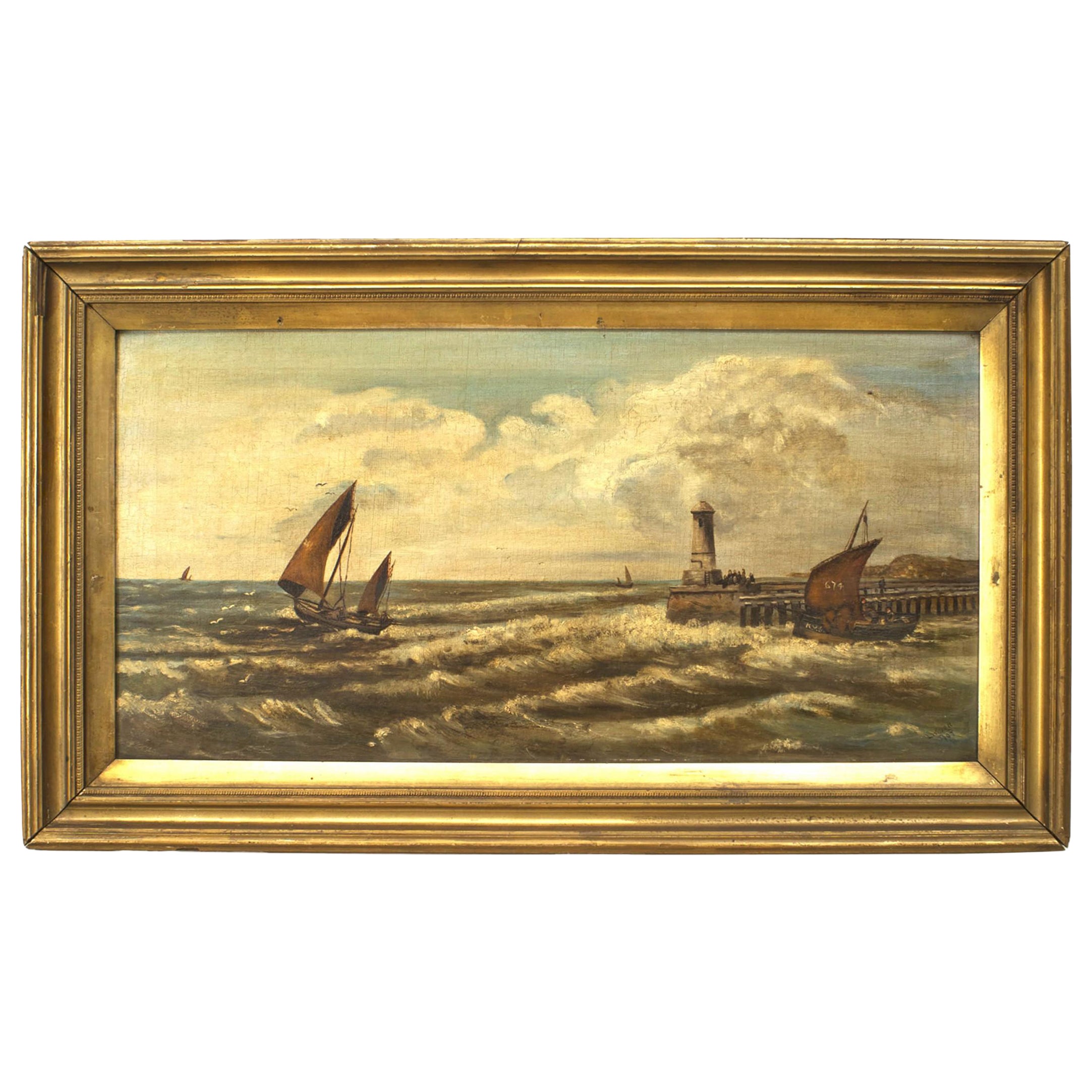 Pittura inglese vittoriana con paesaggio marino del faro