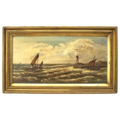 Pittura inglese vittoriana con paesaggio marino del faro