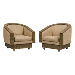 Pair of Romweber Limed Oak & Upholstered Revolving Club / Armchairs