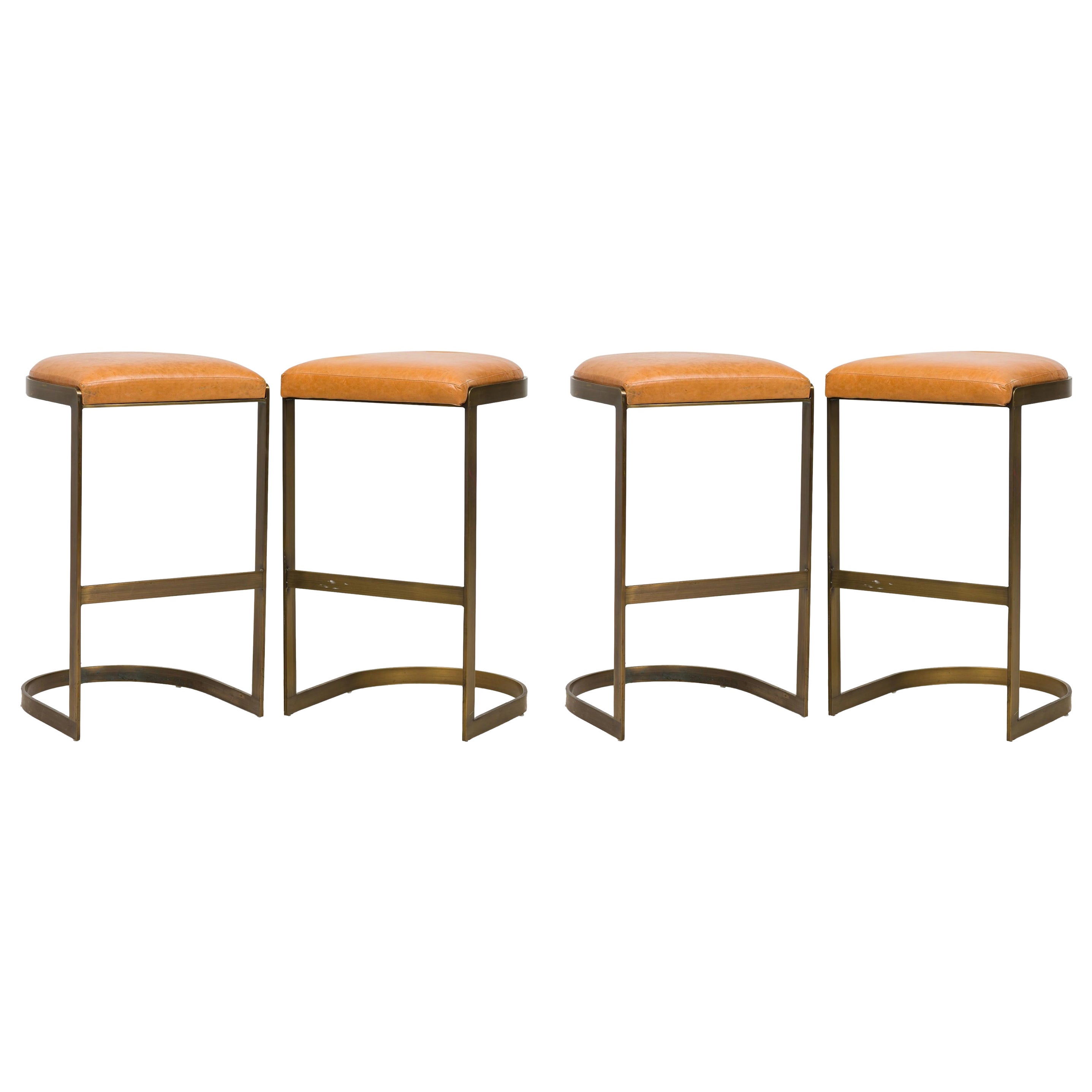 Set of 4 Brenton Brass & Wood Tan Upholstered Horseshoe Cantilever Bar Stools