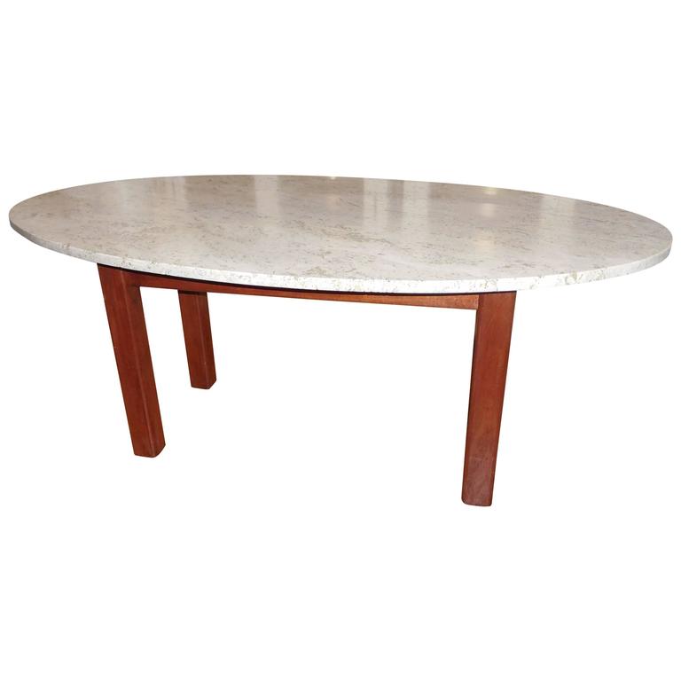 MidCentury Oval Travertine and Wood Coffee Table For Sale at 1stdibs