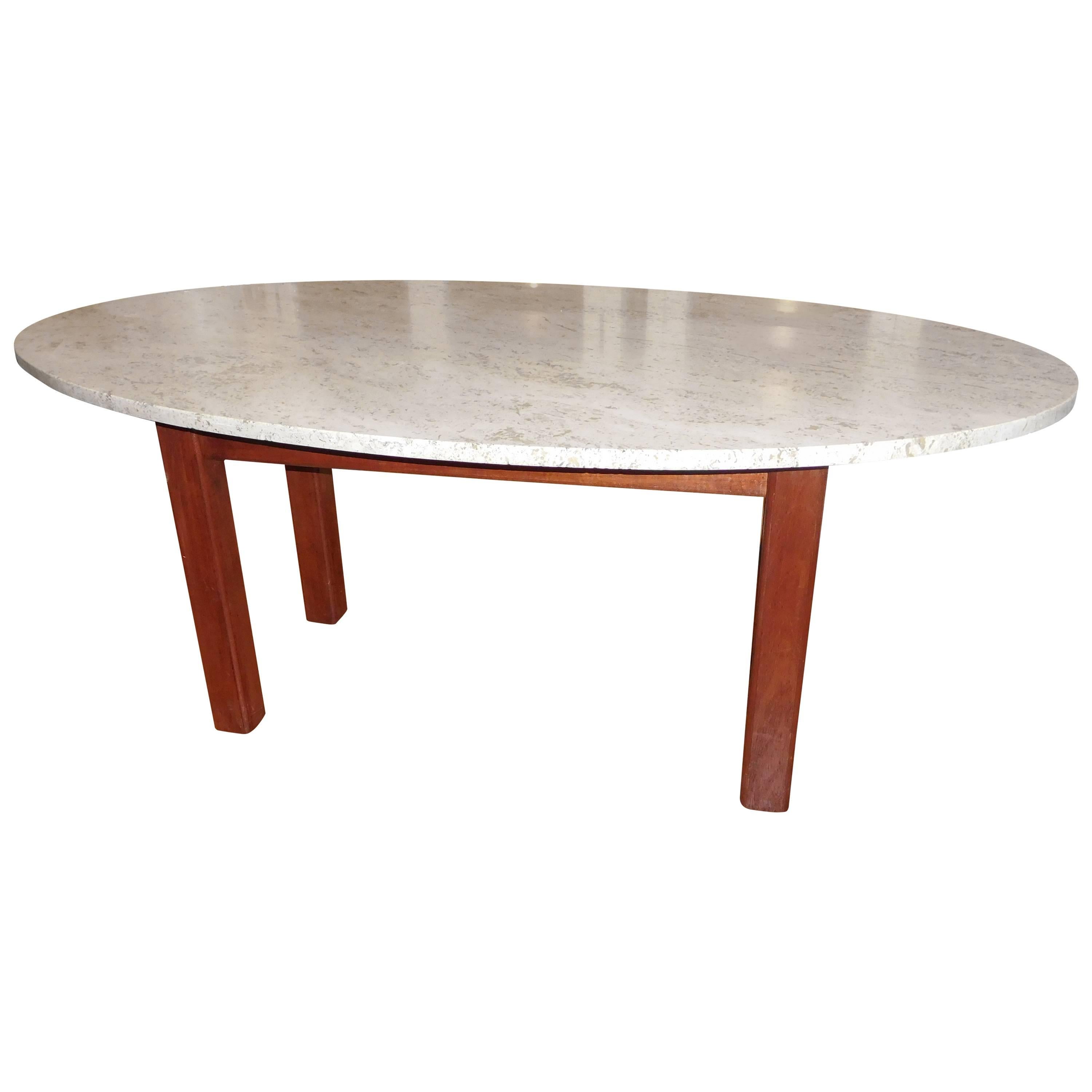 Mid-Century Oval Travertine and Wood Coffee Table