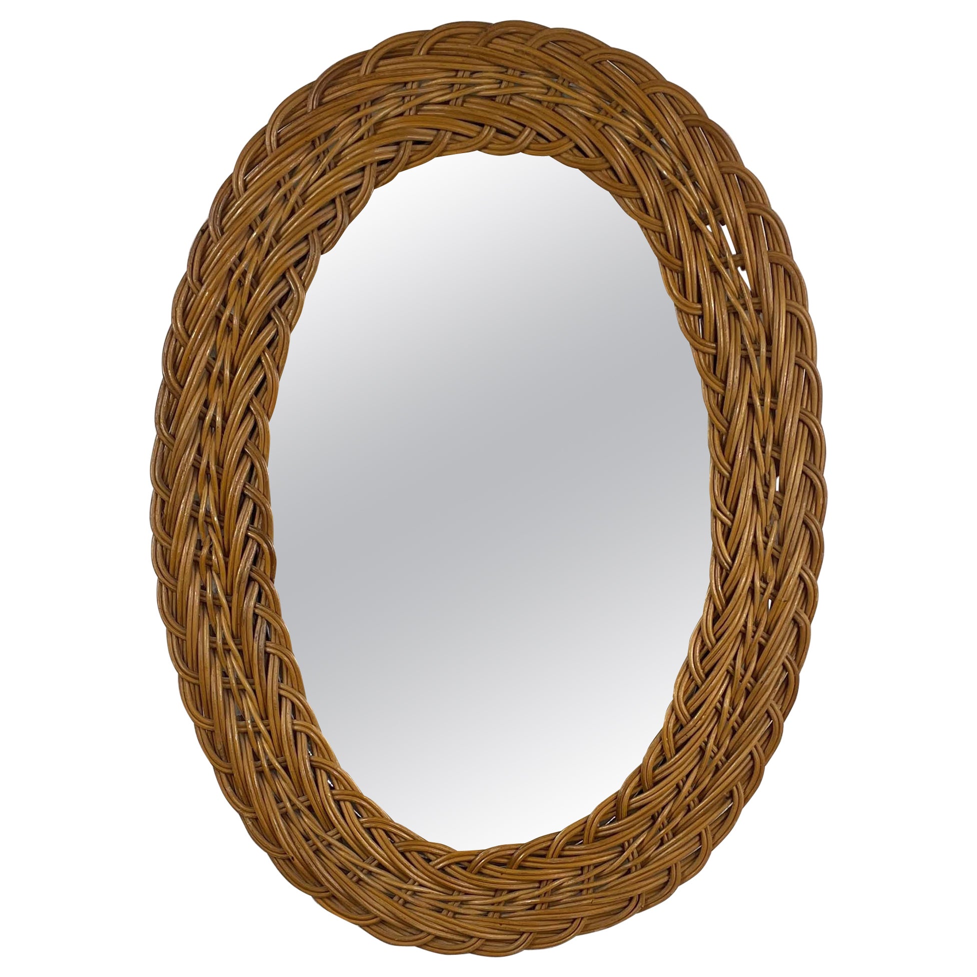 French Riviera Rattan Oval Wall Mirror, France 1960s