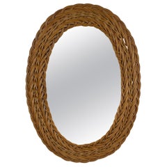 French Riviera Rattan Oval Wall Mirror, France 1960s