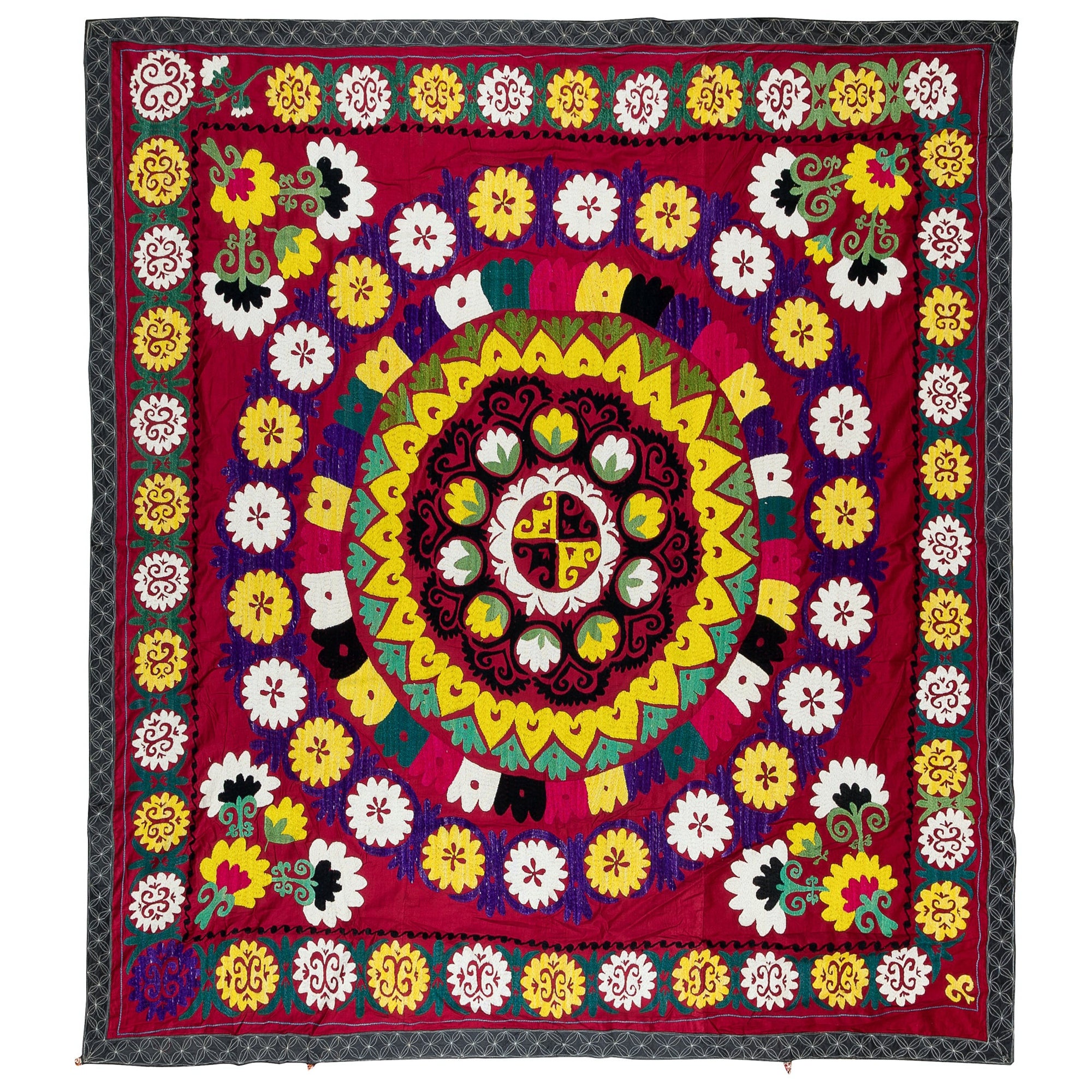 6x6.3 ft Broderie de soie pour table, tapisserie vintage rouge, suspension murale Suzani