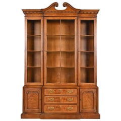 Henredon Georgian Carved Mahogany Lighted Breakfront Bookcase Cabinet