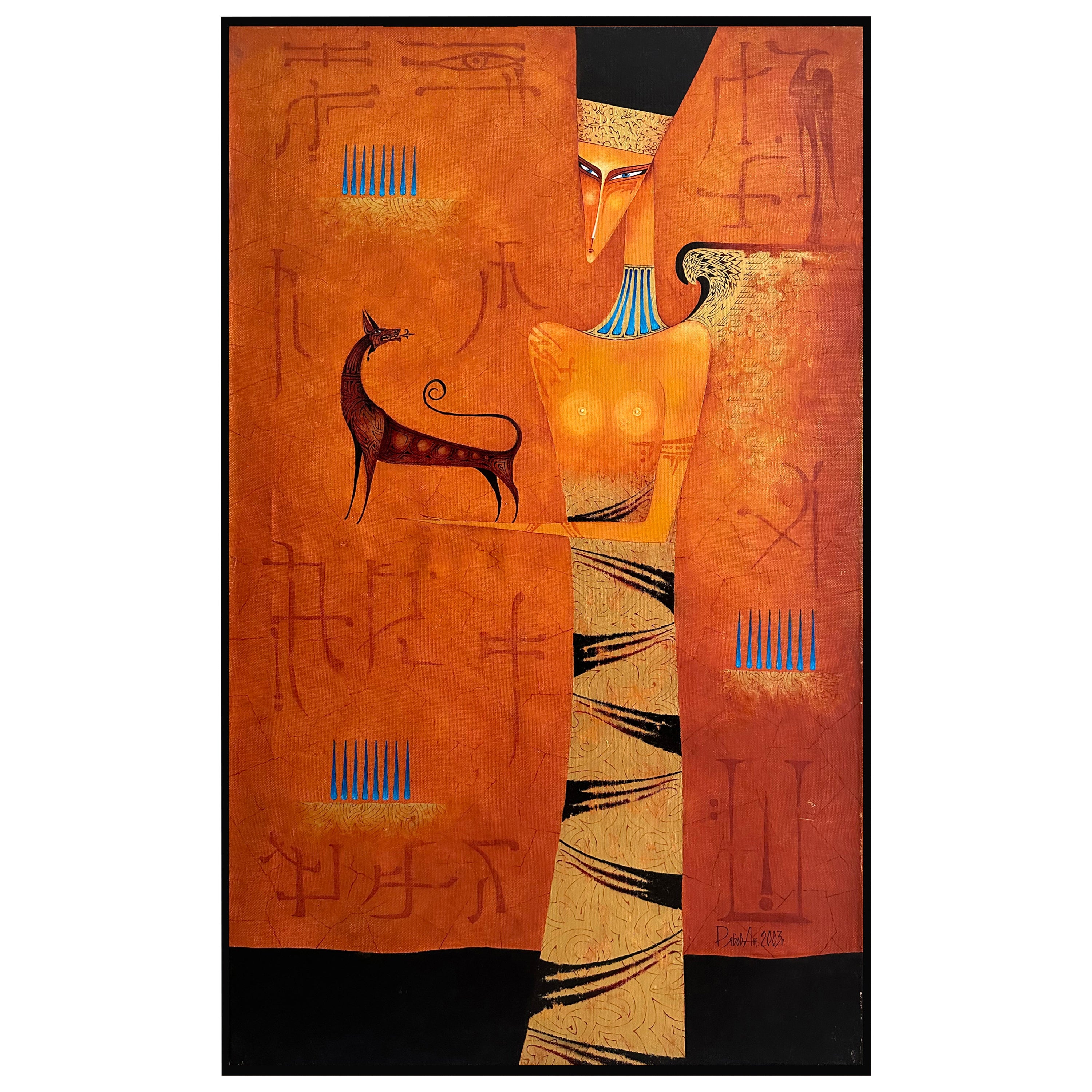 'Custode del tempo', dipinto originale a olio su tela con cornice in foglia d'oro, 2003