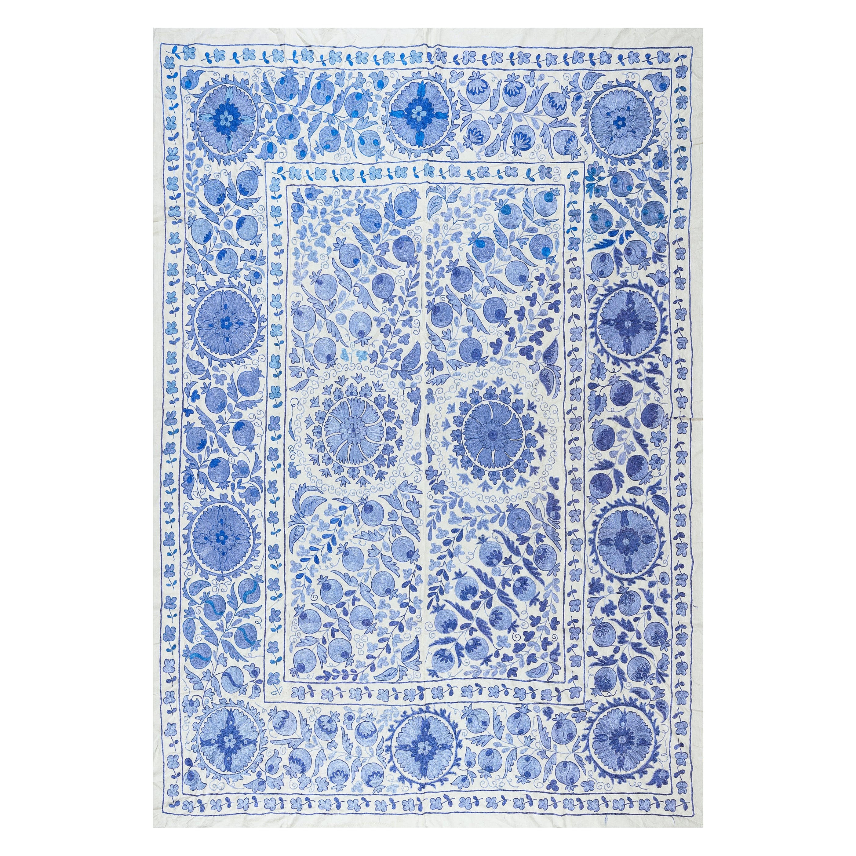 6'3"x8'3" Silk Embroidery Wall Hanging in Blue & Cream, New Suzani Bedspread