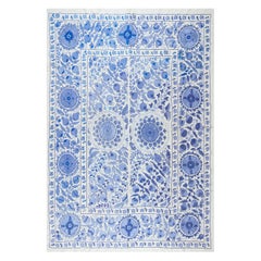 6'3 "x8'3" Tenture murale en broderie de soie bleu et crème, nouveau couvre-lit Suzani