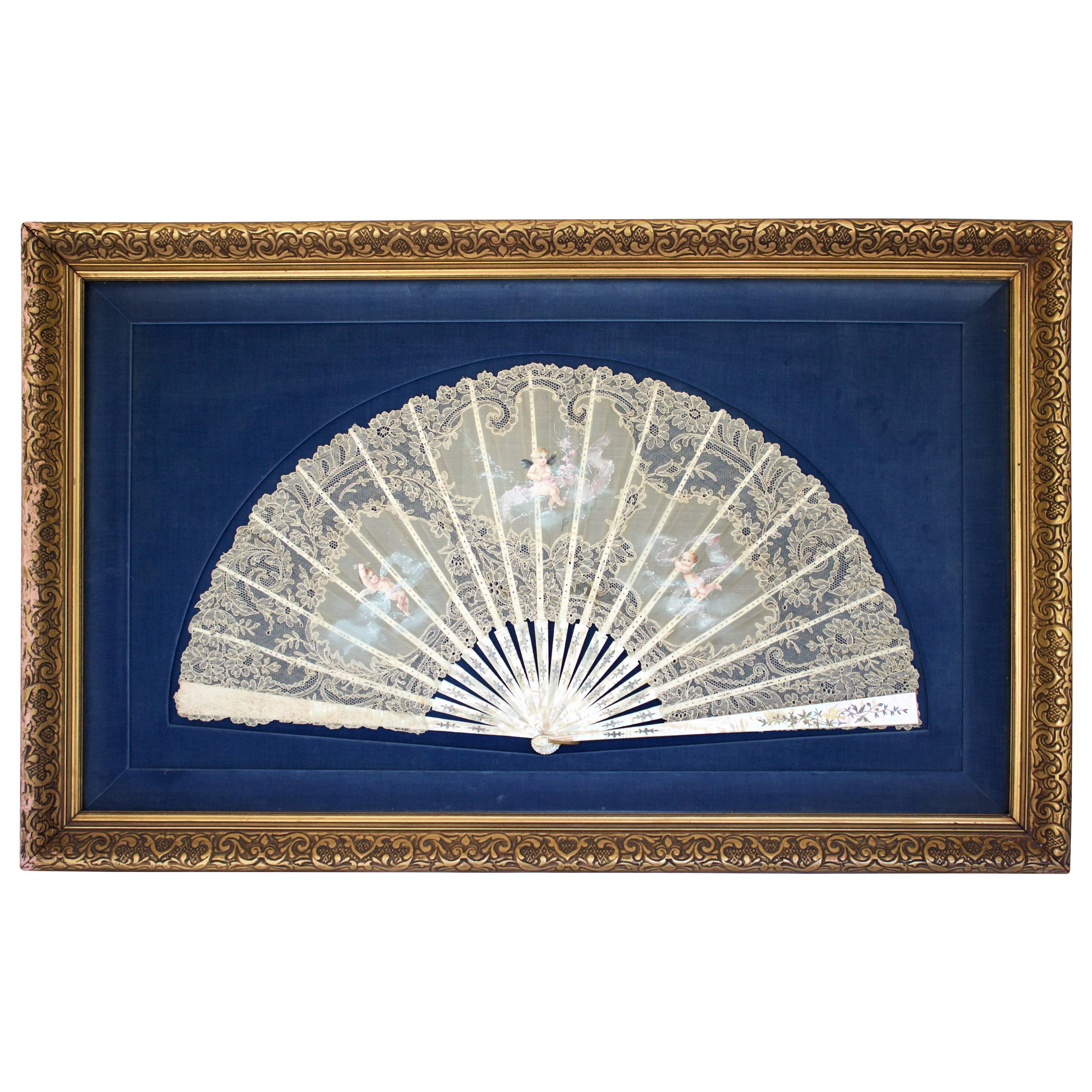 French 19th Century, Mother of Pearl Hand-painted Lace Fan For Sale