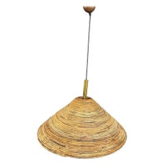 A Franco Albini style Italian 1970s pencil reed bamboo and brass ceiling light