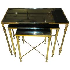 French Brass Nesting Tables With Smoked Glass Tops Circa 1950s 12