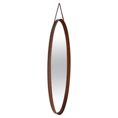 Midcentury Italian Oval Mirror in Curved Teak and Leather, 1960s