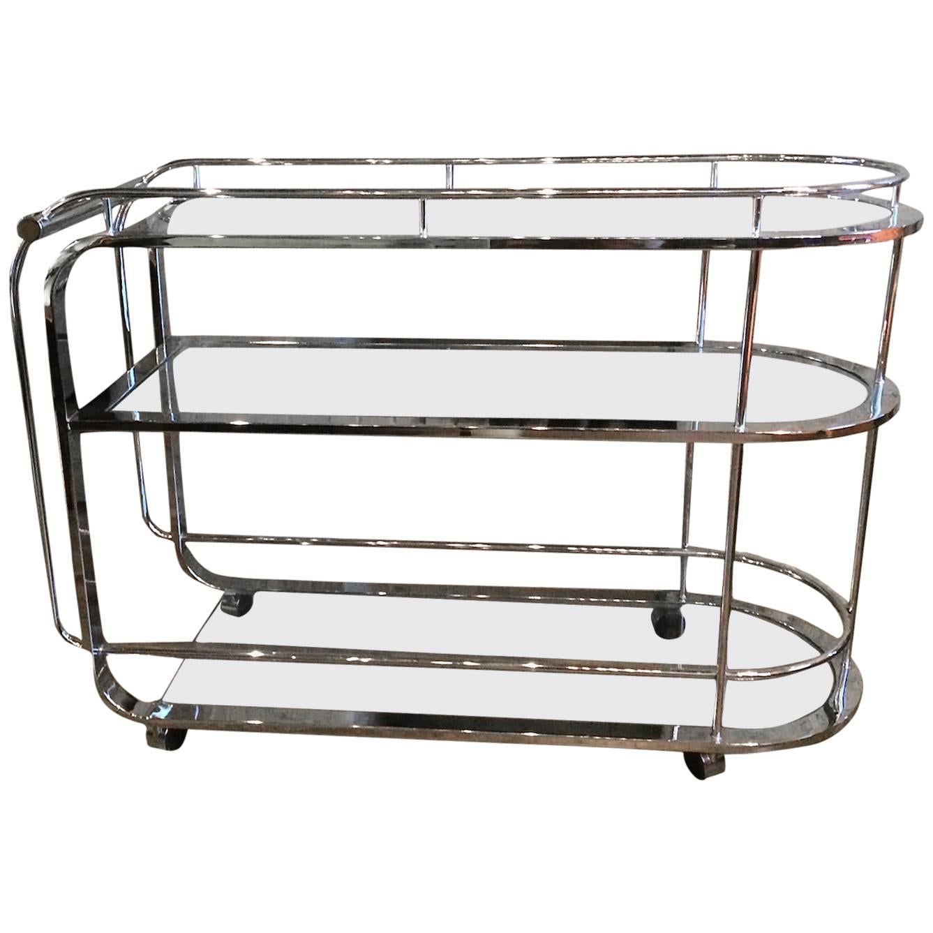 1980s Modern Tubular Chrome and Glass Tiered Bar Cart