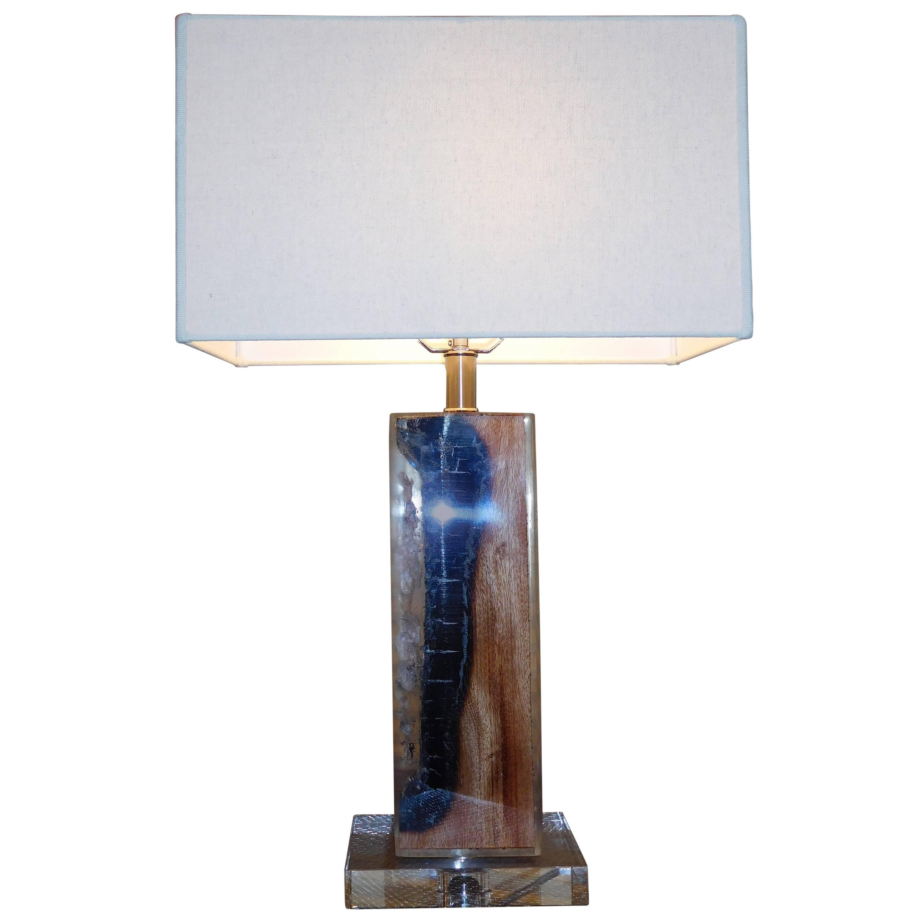 Pair of Petrified Wood in Lucite, Table Lamp For Sale