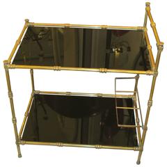 French Faux-Bamboo Brass Bar Cart with Smoked Glass Tops 2