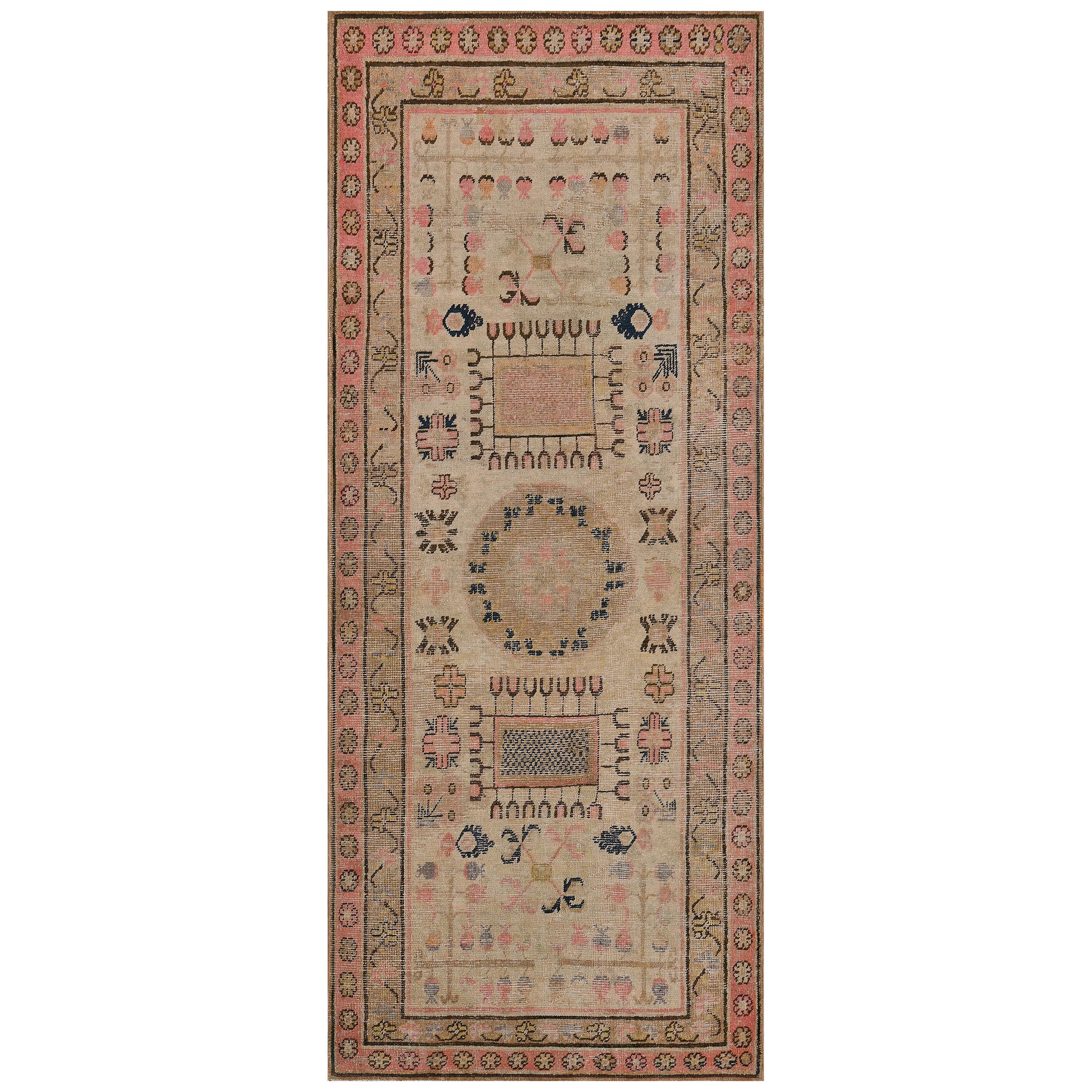 Traditional Hand-Woven Wool Antique Floral Samarkand Khotan Runner