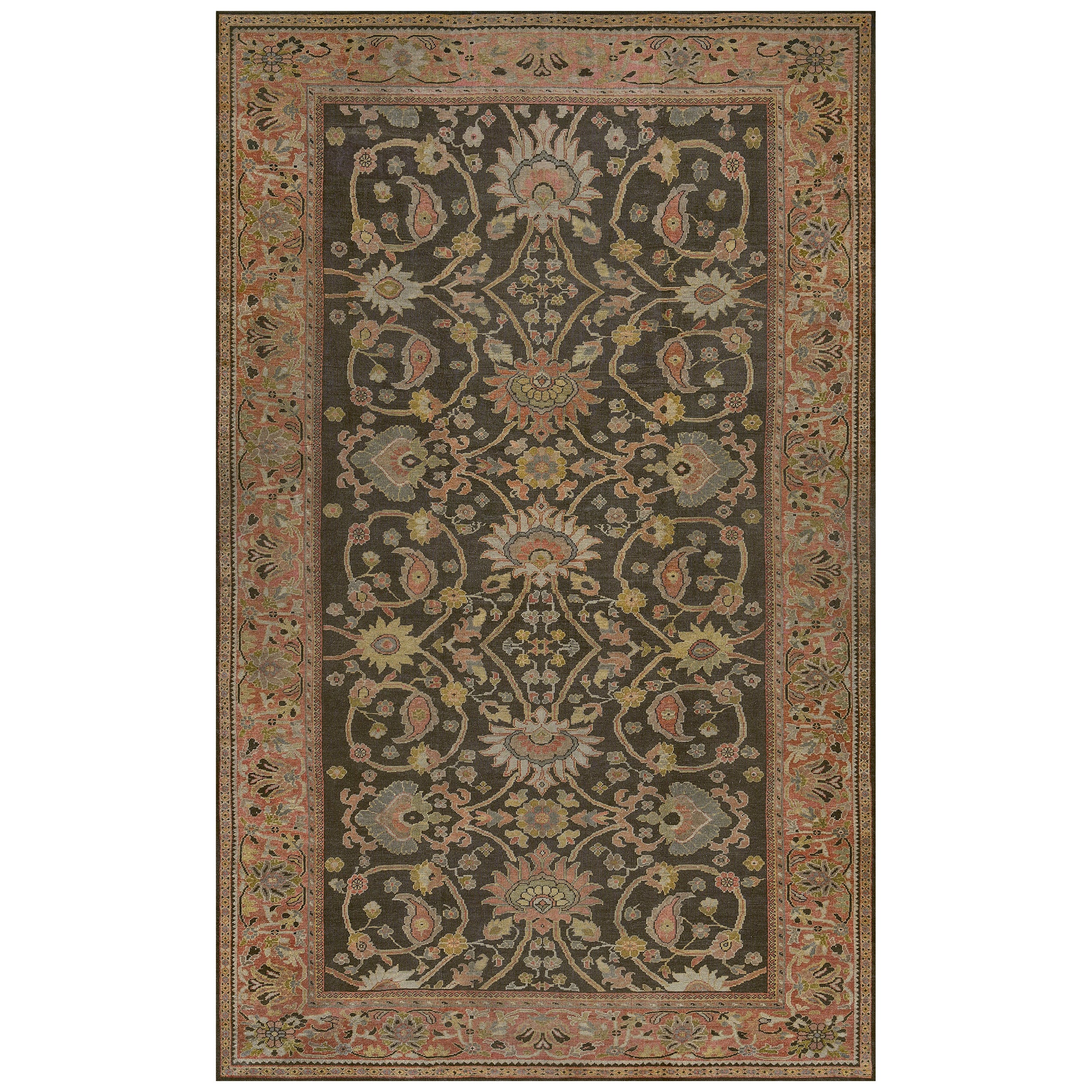 Antique Hand-Woven Wool Floral and Paisley Authentic Persian Sultanabad Rug