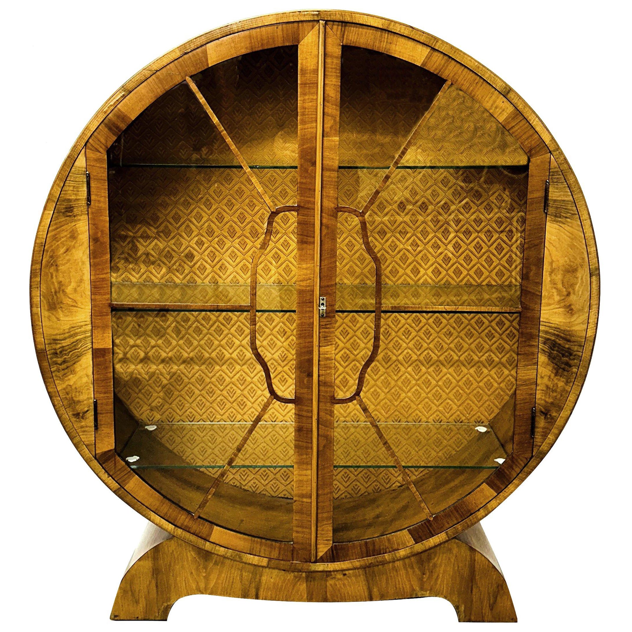 Art Deco Spektakulär Rundes Nussbaumholz  Vitrineschrank, englisch, ca. 1930er-Jahre