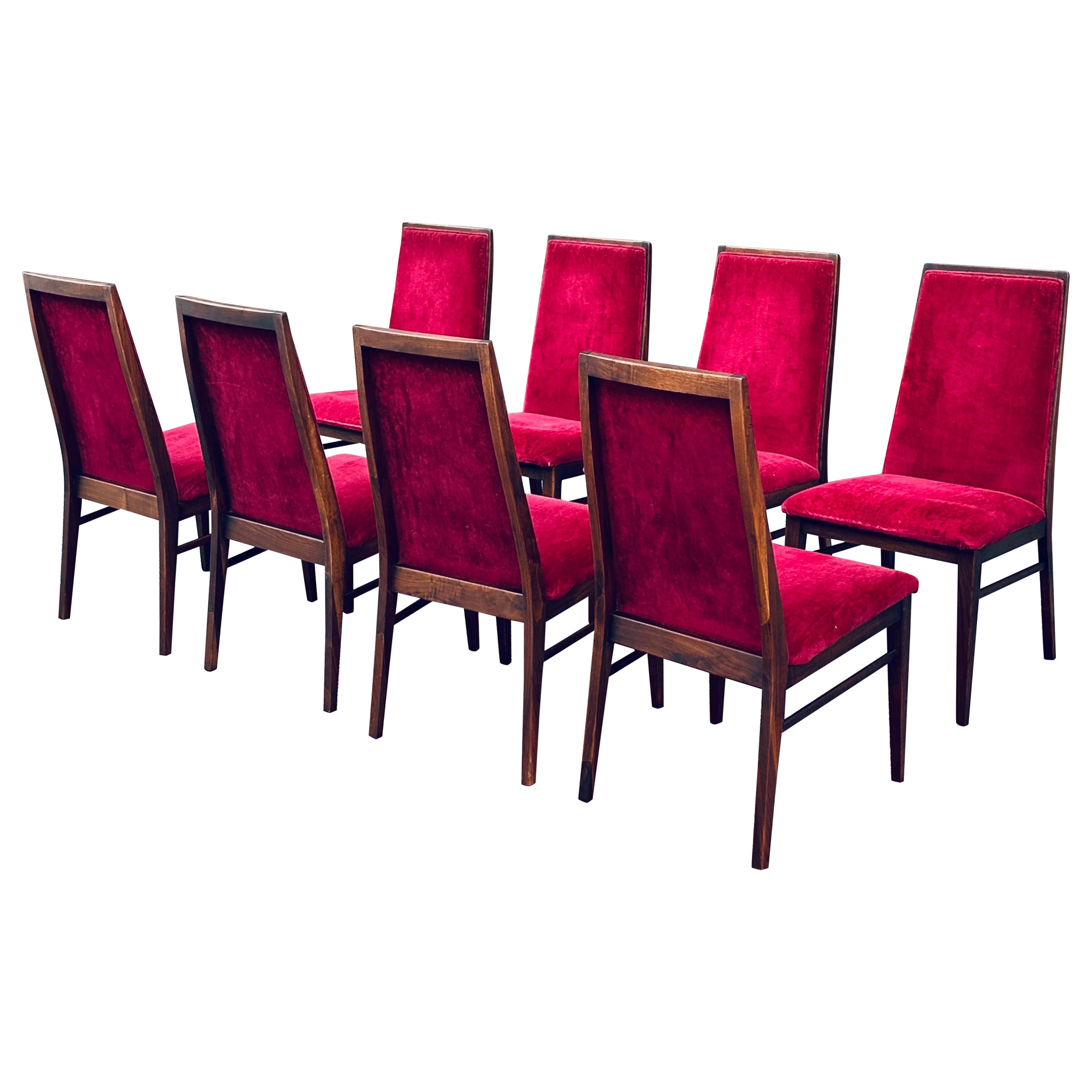 Set 8 Mid-Century Modern Foster McDavid Solid Walnut Red Velvet Dining Chairs