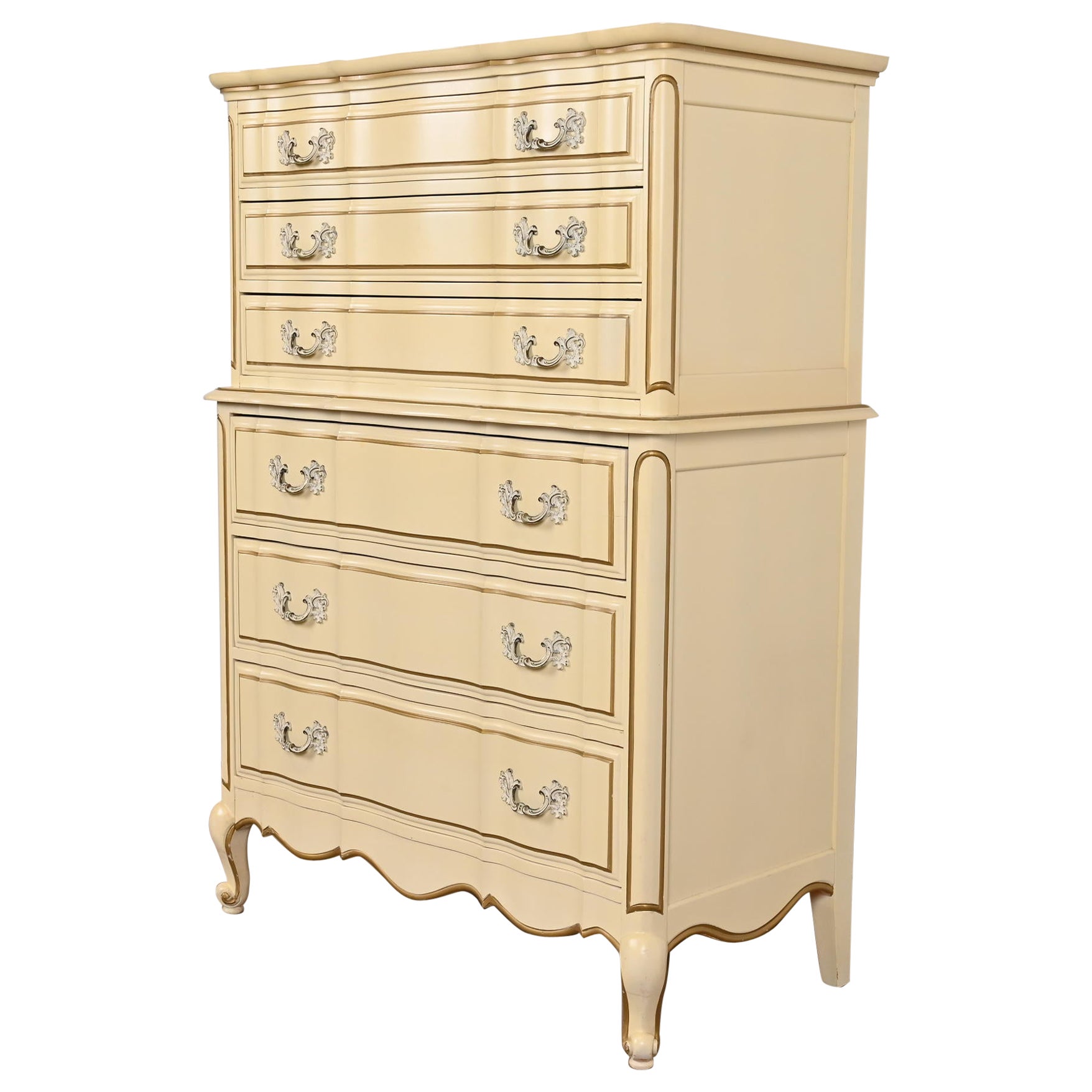 French Provincial Louis XV Cream Lacquered and Gold Gilt Highboy Dresser