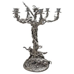 Silver plated bronze candelabra with dogs, inspired by Vieux Christofle