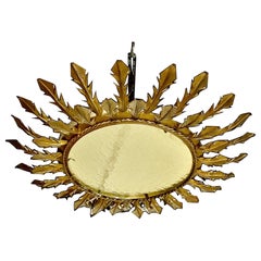 Spanish solar Crown Sunburst fixture in Gilt Metal and frost Glass , circa 1950