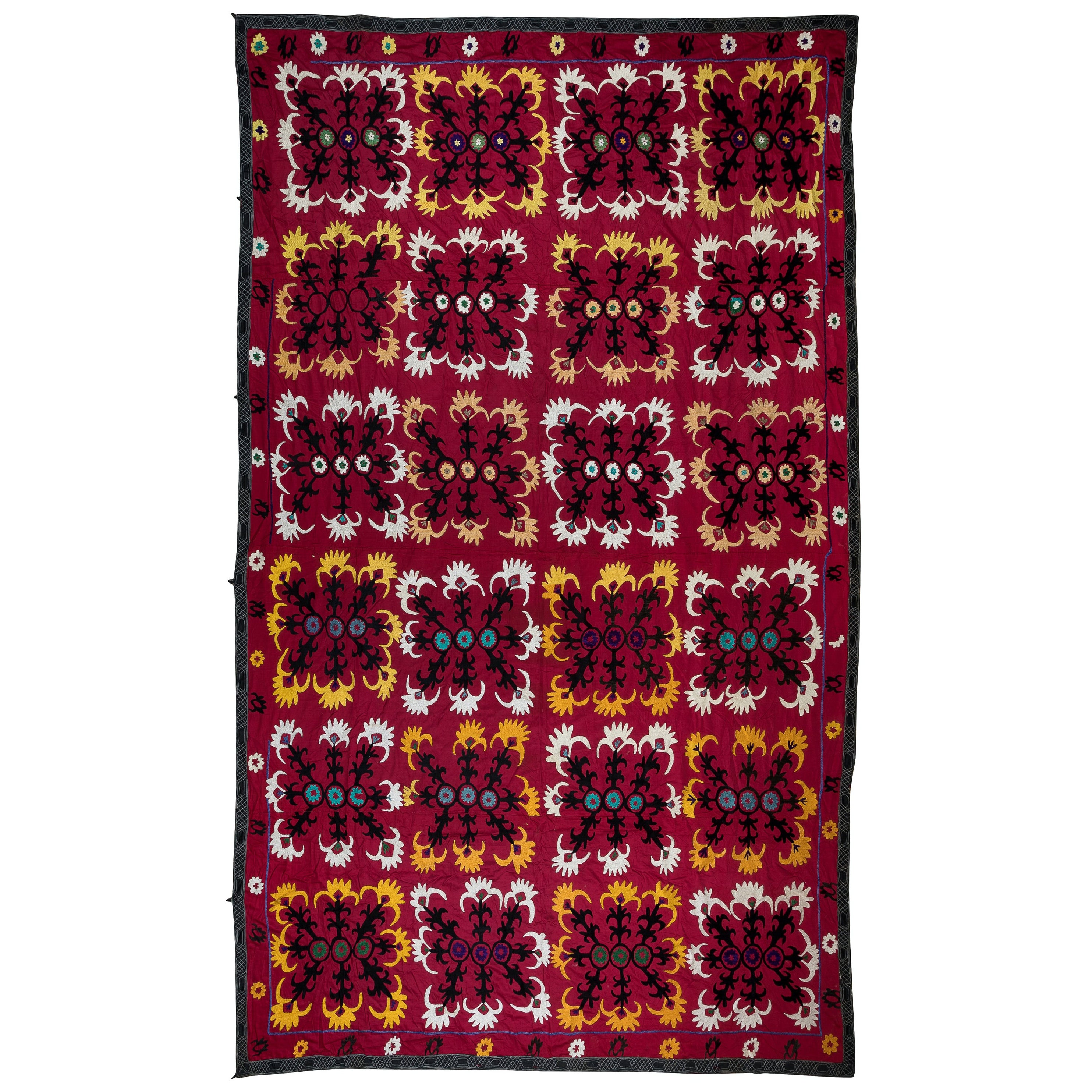 7.8x10.7 ft Silk Hand Embroidery Bed Cover, Uzbek Throw in Red, Vintage Blanket For Sale