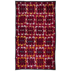 7.8x10.7 ft Silk Hand Embroidery Bed Cover, Uzbek Throw in Red, Vintage Blanket