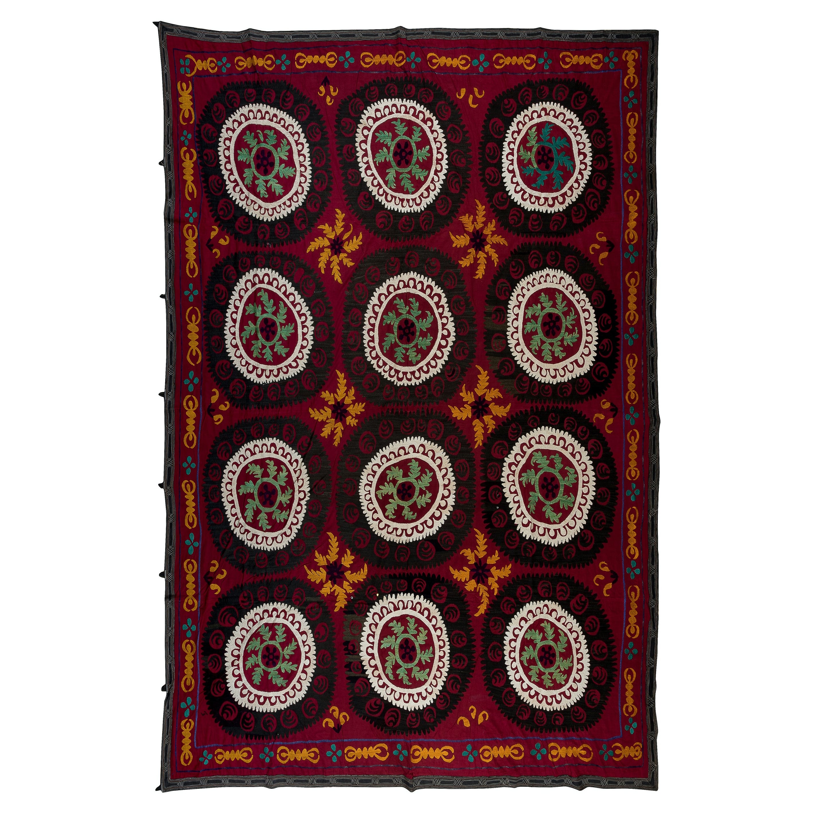 7.4x9.4 Ft Silk Embroidery Bed Cover, Burgundy Red Throw, Vintage Uzbek Blanket
