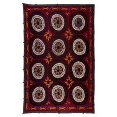 7.4x9.4 Ft Silk Embroidery Bed Cover, Burgundy Red Throw, Vintage Uzbek Blanket