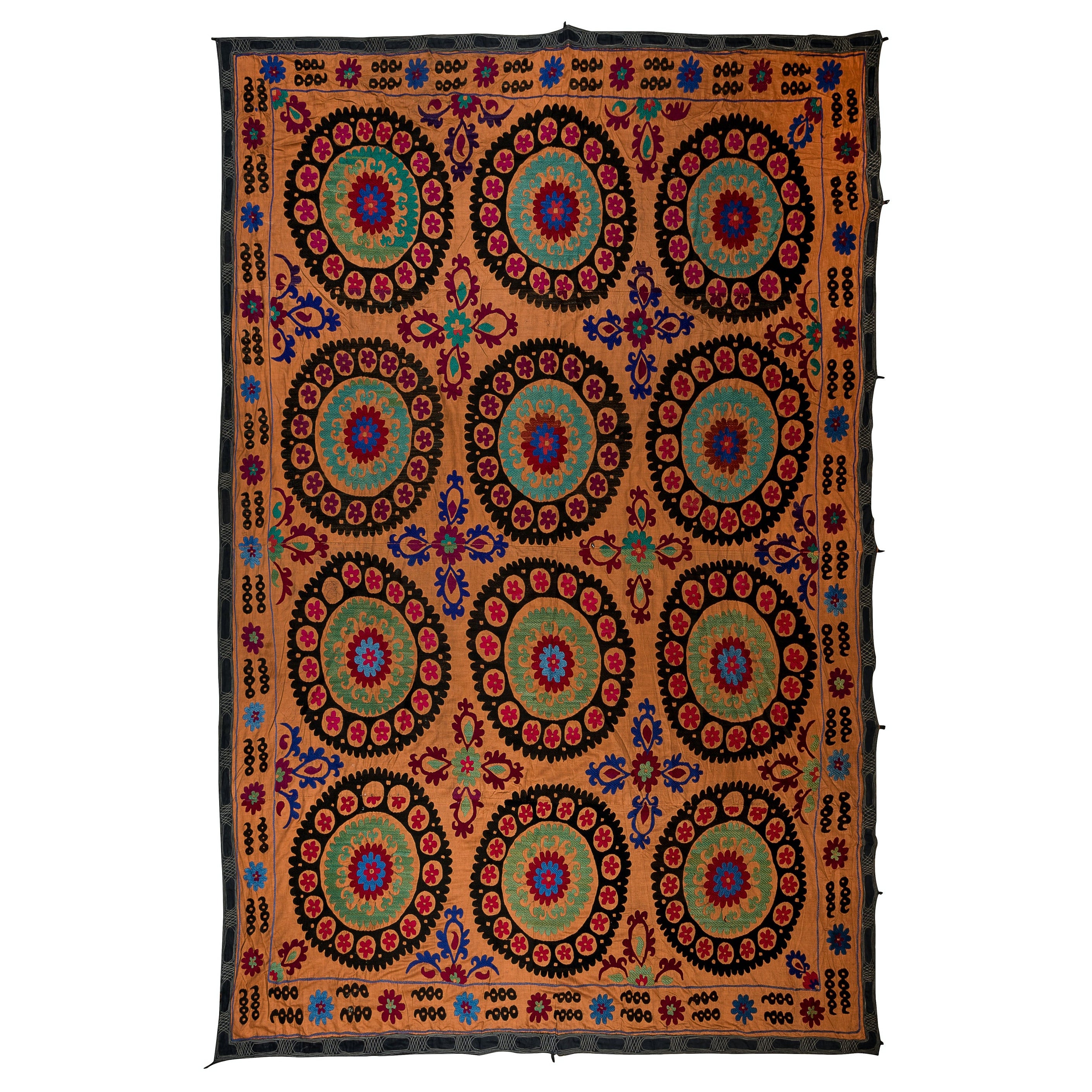 7.6x9.7 ft Broderie de soie vintage couvre-lit, Unique Orange Suzani Wall Hanging en vente