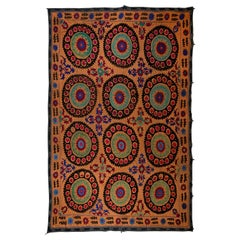 7.6x9.7 ft Vintage Silk Embroidery Bed Cover, Unique Orange Suzani Wall Hanging
