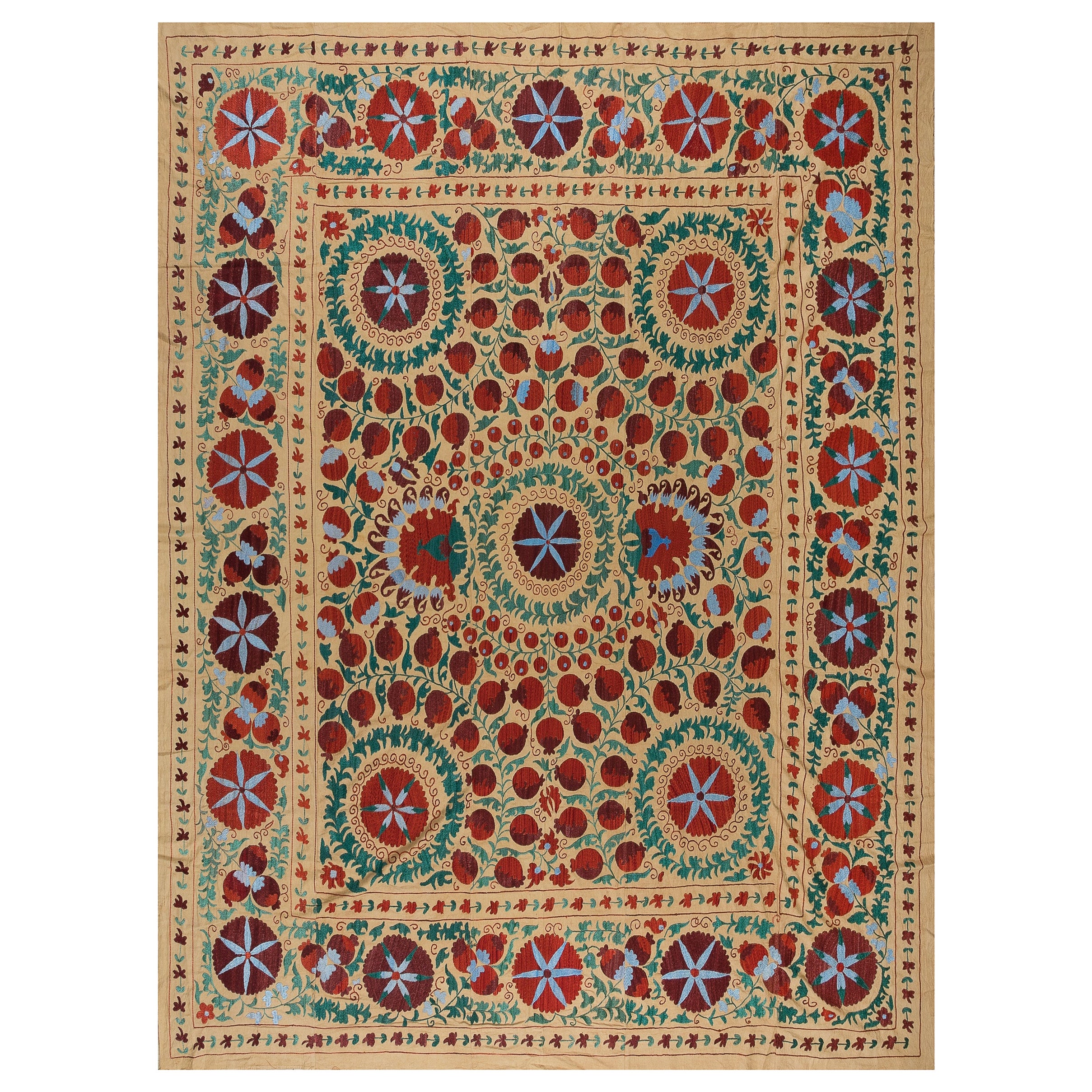 7.6x8.3 Ft Silk Hand Embroidery Bed Cover, Suzani Wall Hanging, Vintage Throw