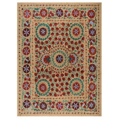 7.6x8.3 Ft Silk Hand Embroidery Bed Cover, Suzani Wall Hanging, Vintage Throw