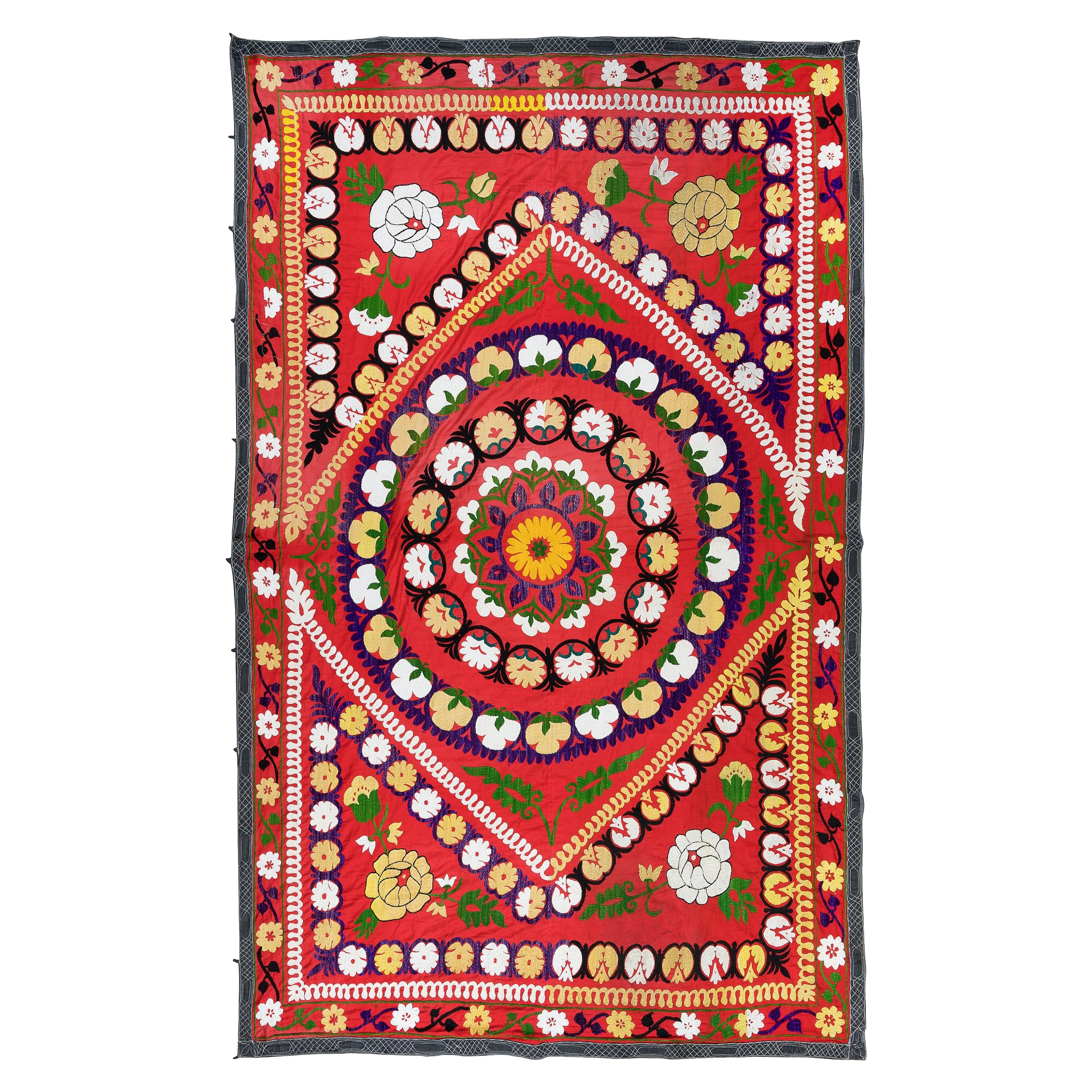 Colcha de Seda Bordada Vintage, Tapiz Rojo, Colgante de Pared Uzbeko, 5x7,4 Pies