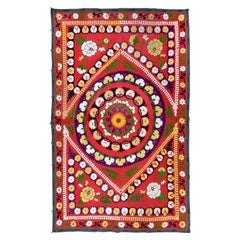 5x7.4 Ft Vintage Silk Embroidery Bedspread, Uzbek Wall Hanging, Red Tapestry (Tapisserie rouge)