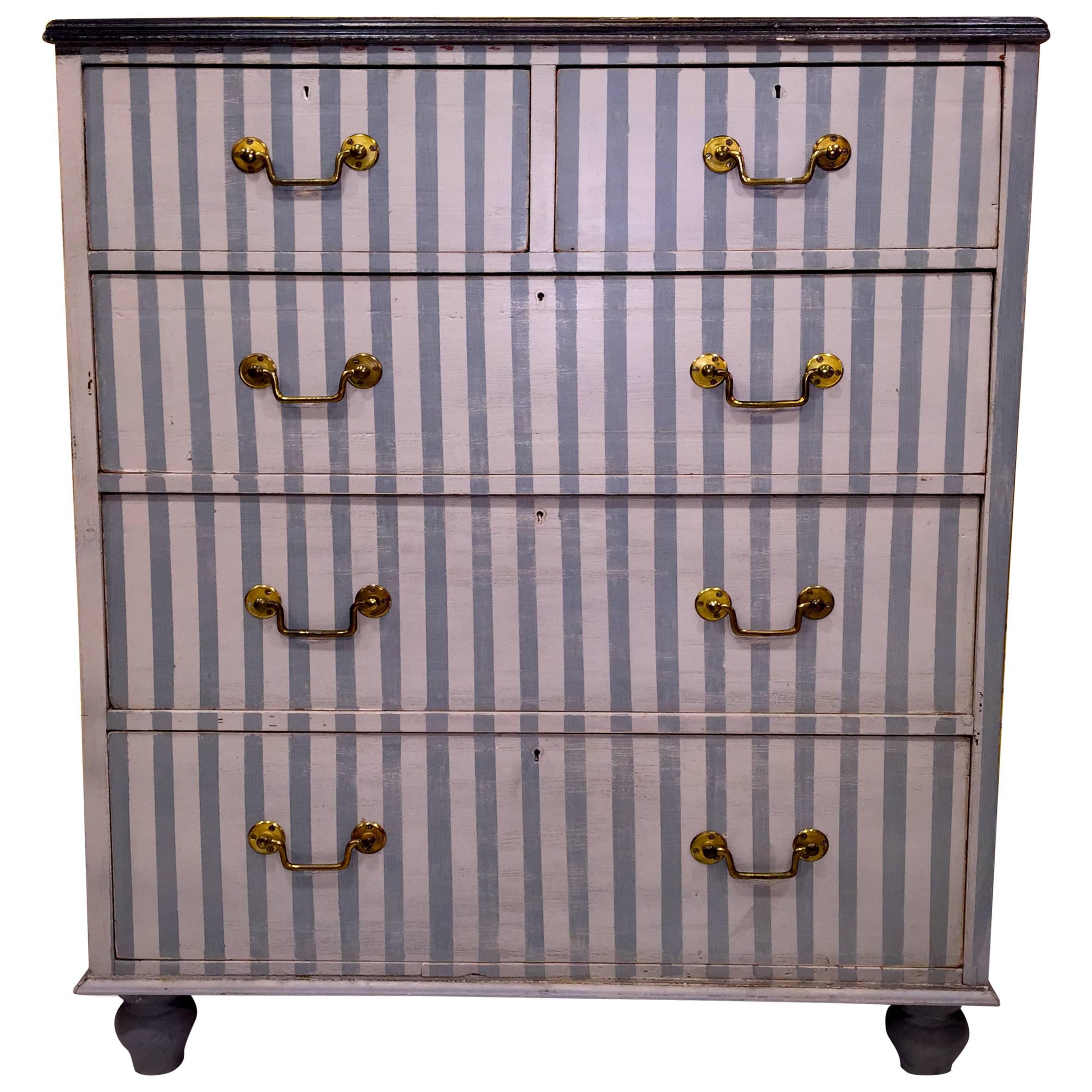 19th Century English Painted Chest of Drawers with Light Blue Strips
