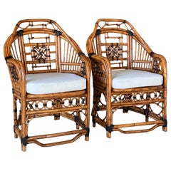 Mid-20th Century Restored Upholstered Rattan Fretwork Chippendale Side Chairs